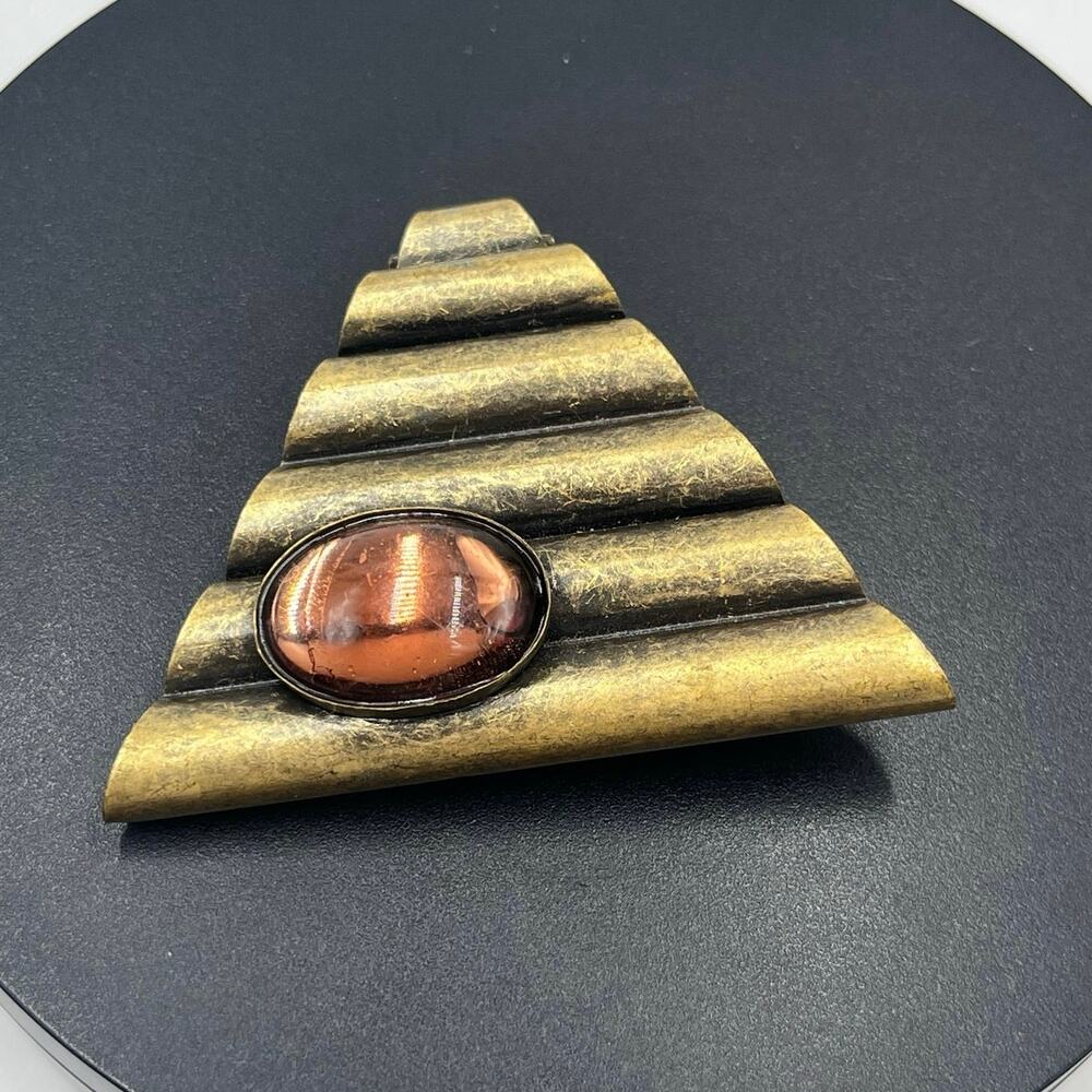 Brass Pin Brooch Tubes Triangle Red Oval Rhinestone 80s Retro
MCM Vintage Granny
